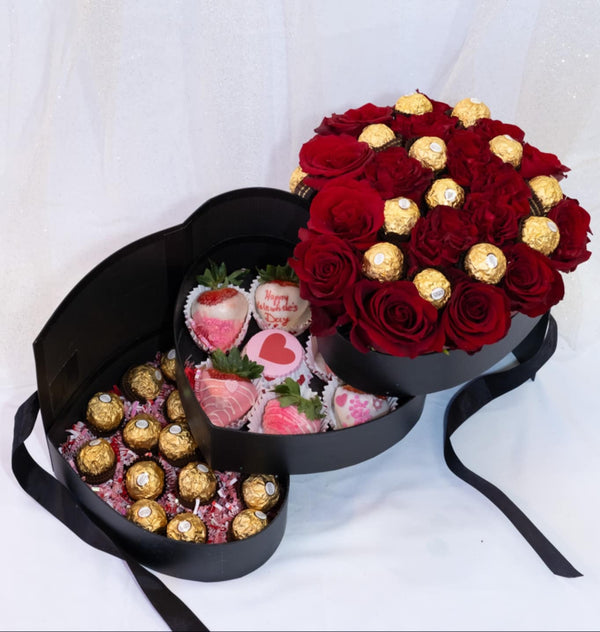3 - Layer Opening Heart Box with Roses, Ferrero Rocher & Chocolate - Covered Strawberries 💝 - Blooms of Paradise Cambridge