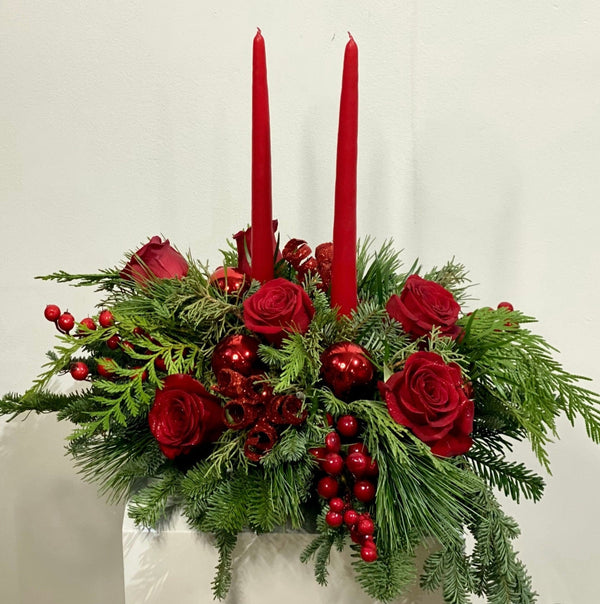 Christmas Floral centerpiece - red - Cambridge Flowers & Co.