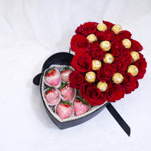 Layer Opening Heart Box with Roses, Ferrero Rocher & Chocolate-Covered Strawberries 💝