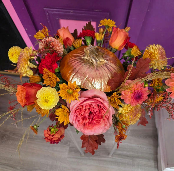 Golden Pumpkin Harvest Arrangement – Thanksgiving Centerpiece - Cambridge Flowers & Co.