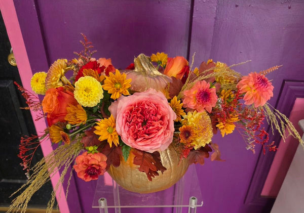 Golden Pumpkin Harvest Arrangement – Thanksgiving Centerpiece - Cambridge Flowers & Co.