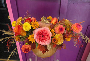 Golden Pumpkin Harvest Arrangement – Thanksgiving Centerpiece - Cambridge Flowers & Co.