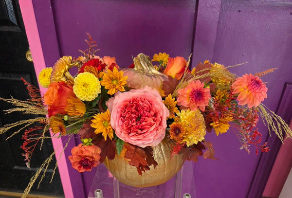 Golden Pumpkin Harvest Arrangement – Thanksgiving Centerpiece - Cambridge Flowers & Co.