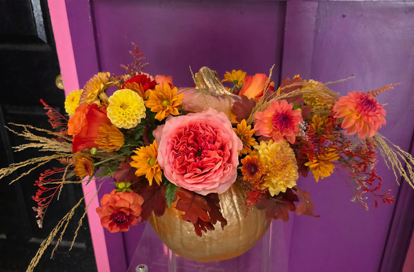 Golden Pumpkin Harvest Arrangement – Thanksgiving Centerpiece - Cambridge Flowers & Co.
