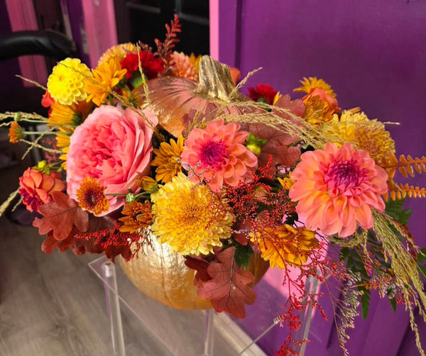 Golden Pumpkin Harvest Arrangement – Thanksgiving Centerpiece - Cambridge Flowers & Co.