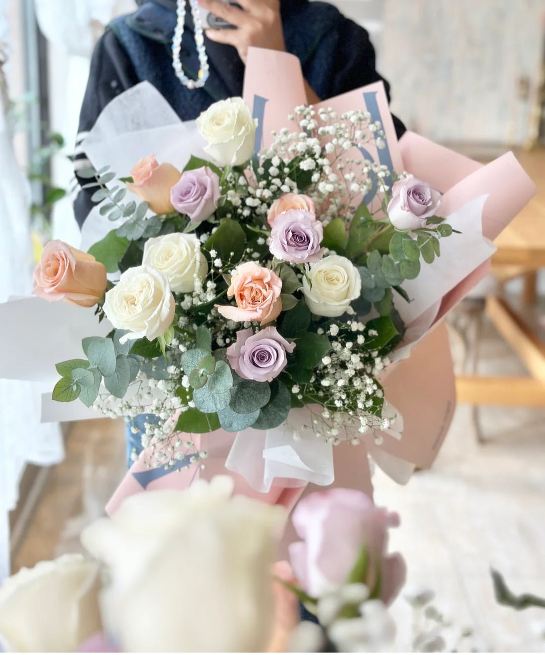 Elegant Melody Roses Arrangement - White, Peach & Lavender